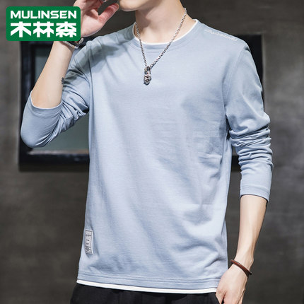 木林森t恤男士长袖潮牌2021新款春秋上衣服装体夏季短纯棉打底衫